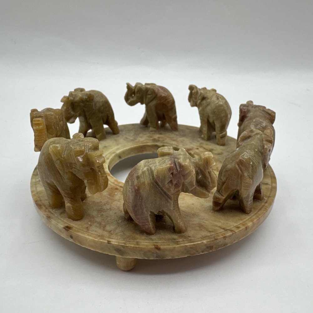 Vintage Marble Hand Carved Elephant Ring Circle with Eight Elephants - India‎